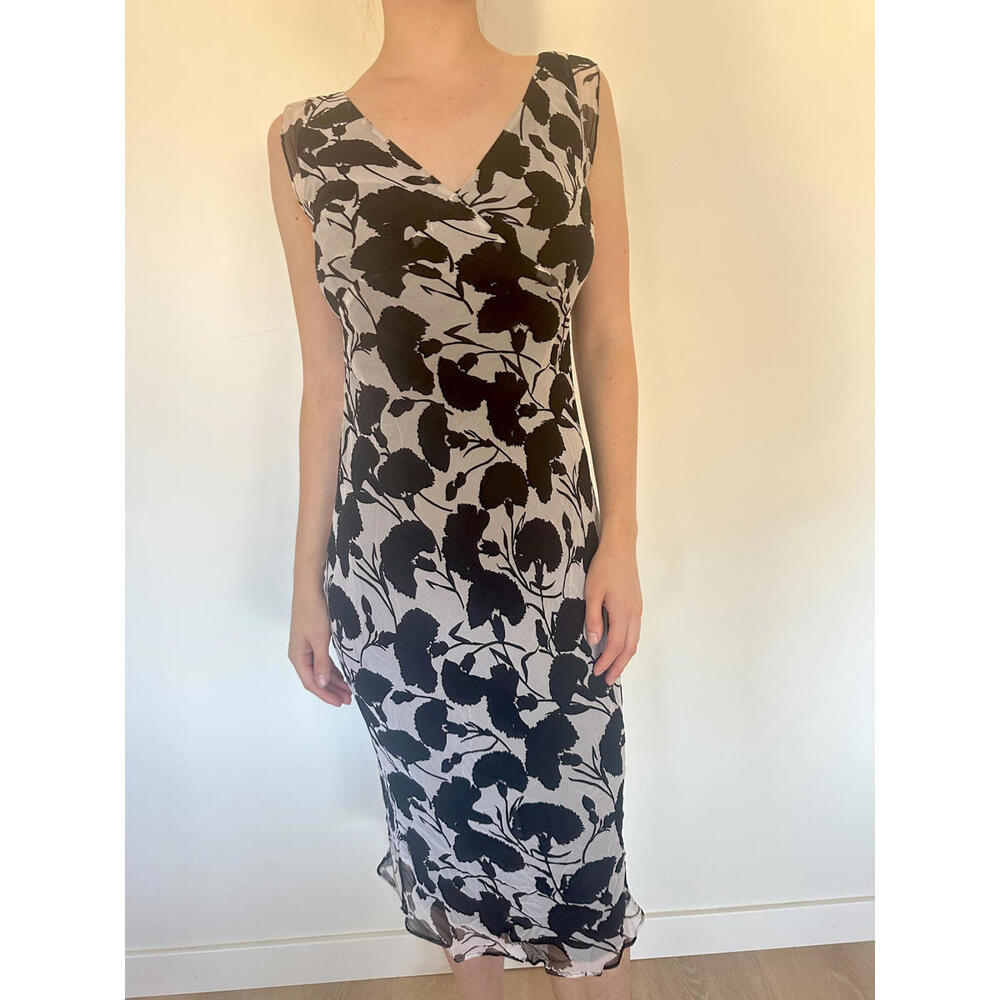 Vintage 100% Silk Black and White Floral Midi Dress - Picture 2 of 9